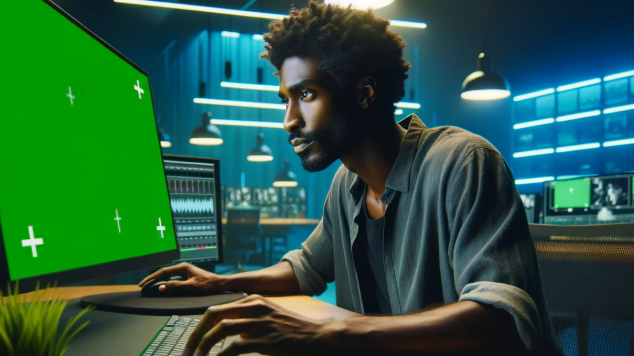 DALL·E 2023-11-06 14.55.44 - Visualize a Black male special effects editor in a modern studio, intently looking at a green screen monitor. The setting should be technologically ad