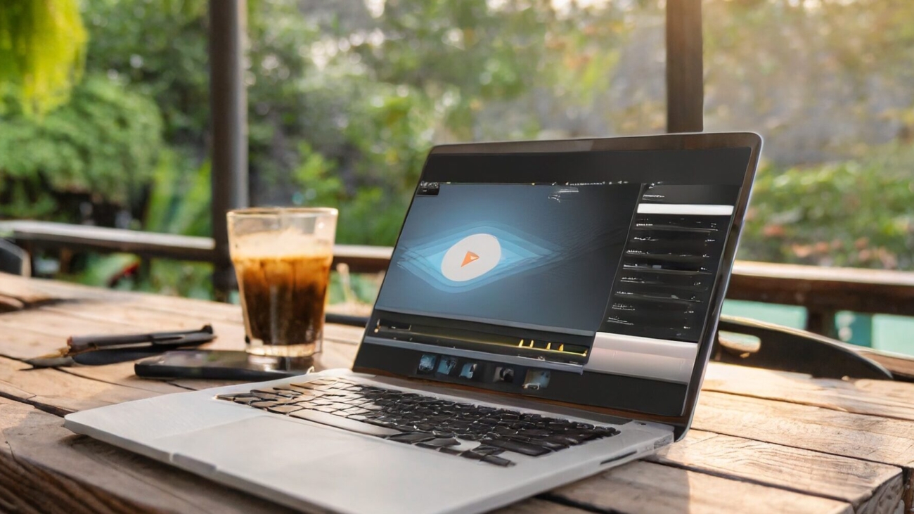 Firefly work outside your home, laptop with some video editing software on a table at a cafe 29358