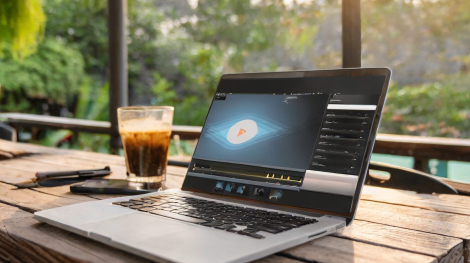 Firefly work outside your home, laptop with some video editing software on a table at a cafe 29358