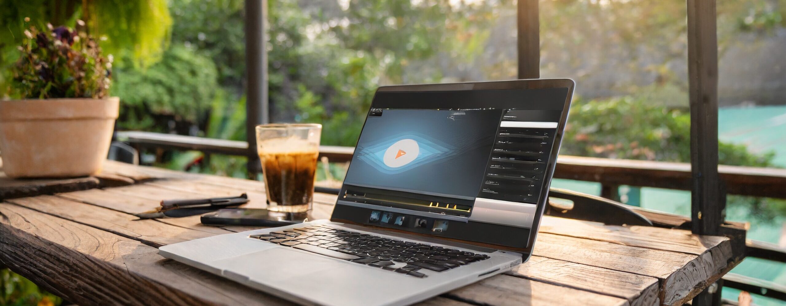 Firefly work outside your home, laptop with some video editing software on a table at a cafe 29358